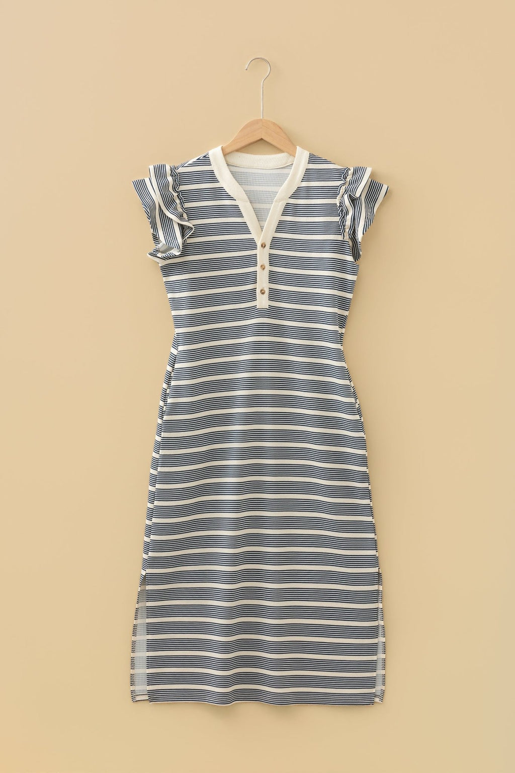 Stripe Ruffle Short Sleeve Contrast Trim Midi Dress - Rooted & Reckless Co.