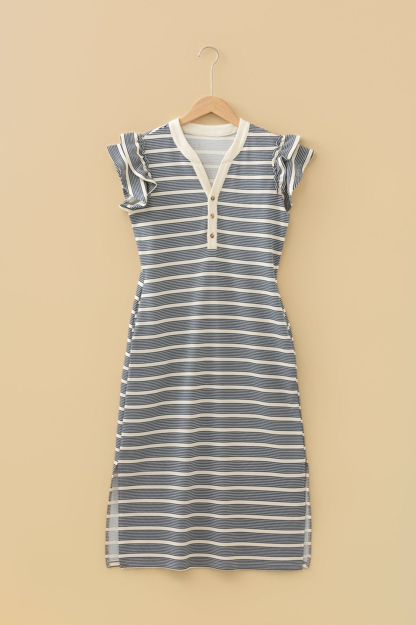 Stripe Ruffle Short Sleeve Contrast Trim Midi Dress - Rooted & Reckless Co.
