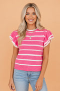 Stripe Ruffle Short Sleeve Knit Sweater - Rooted & Reckless Co.