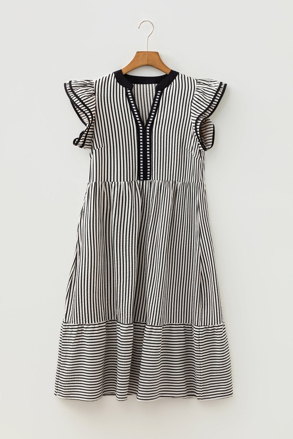 Stripe Ruffle Short Sleeve V-Neck Midi Dress - Rooted & Reckless Co.
