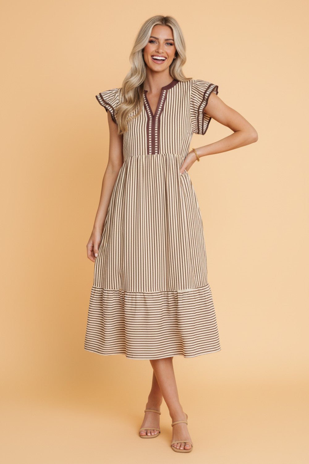 Stripe Ruffle Short Sleeve V-Neck Midi Dress - Rooted & Reckless Co.