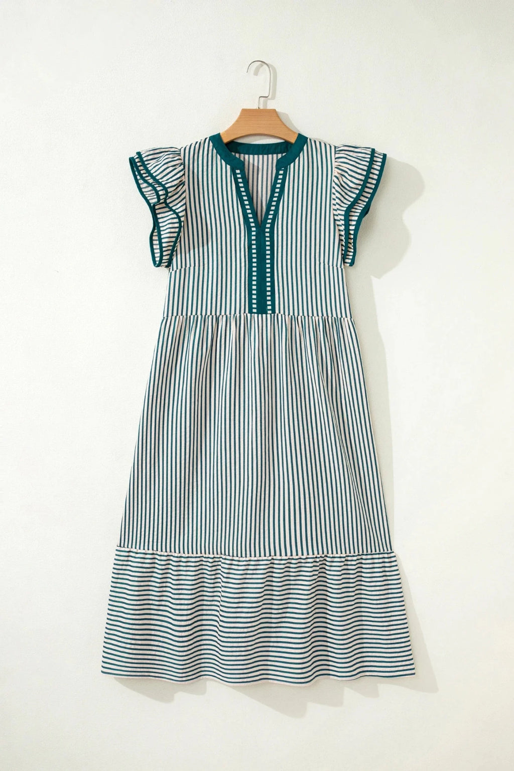 Stripe Ruffle Short Sleeve V-Neck Midi Dress - Rooted & Reckless Co.