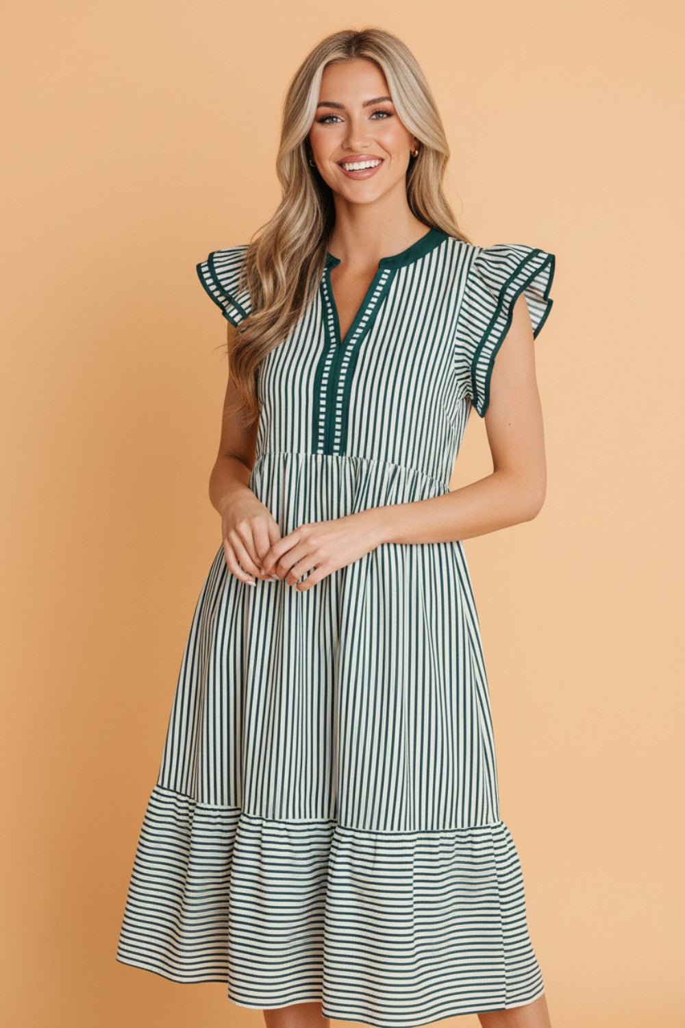 Stripe Ruffle Short Sleeve V-Neck Midi Dress - Rooted & Reckless Co.