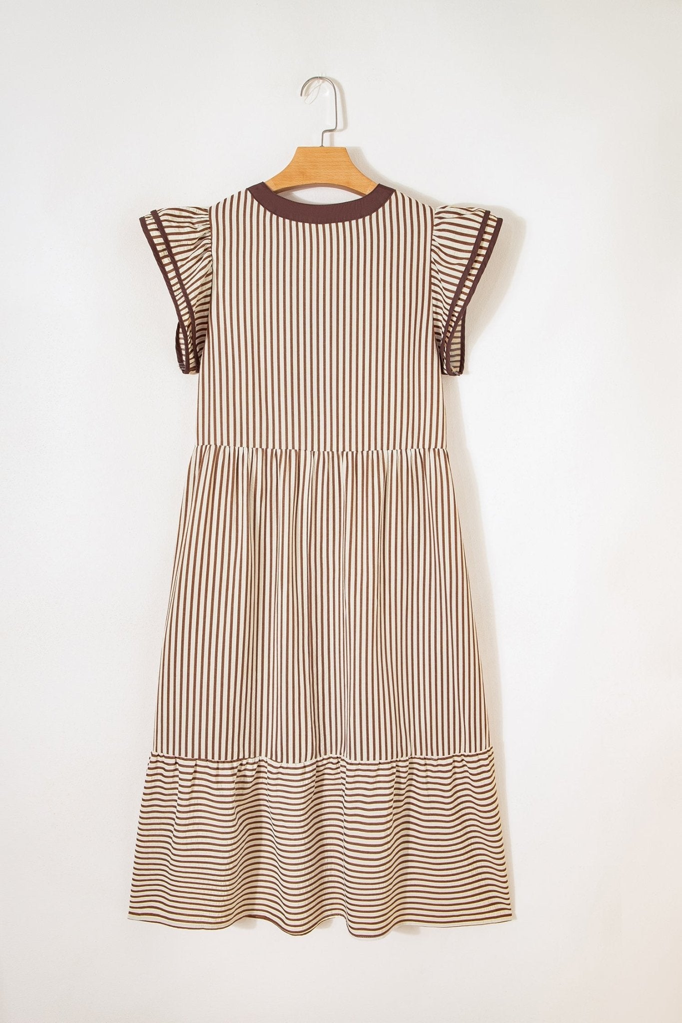 Stripe Ruffle Short Sleeve V-Neck Midi Dress - Rooted & Reckless Co.