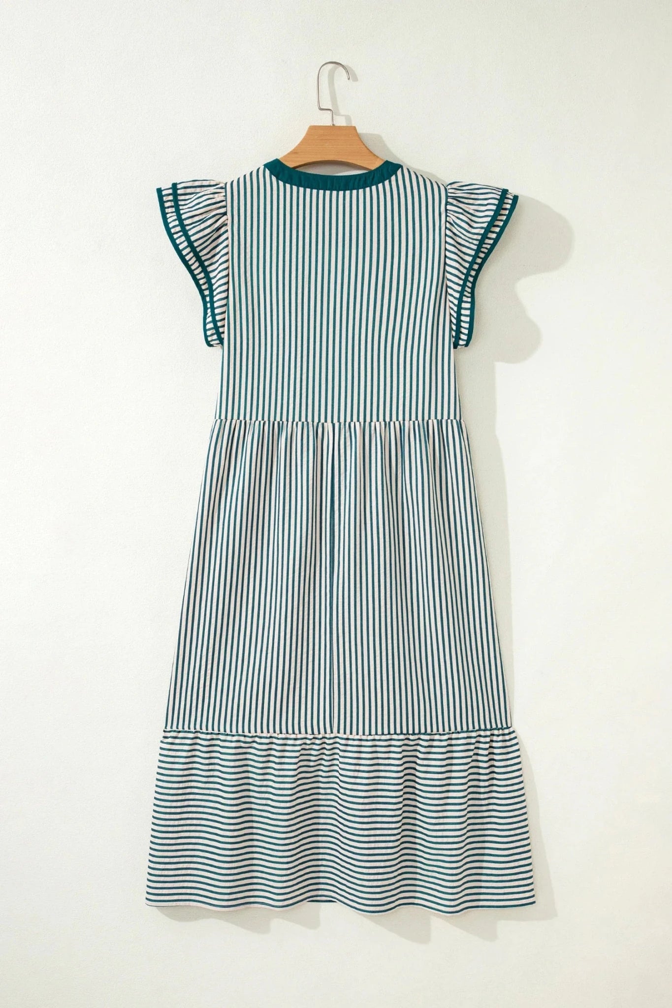 Stripe Ruffle Short Sleeve V-Neck Midi Dress - Rooted & Reckless Co.