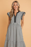 Stripe Ruffle Short Sleeve V-Neck Midi Dress - Rooted & Reckless Co.