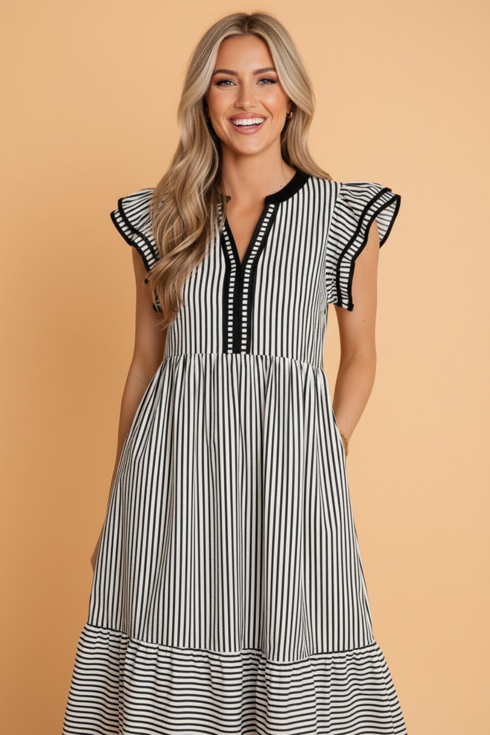 Stripe Ruffle Short Sleeve V-Neck Midi Dress - Rooted & Reckless Co.