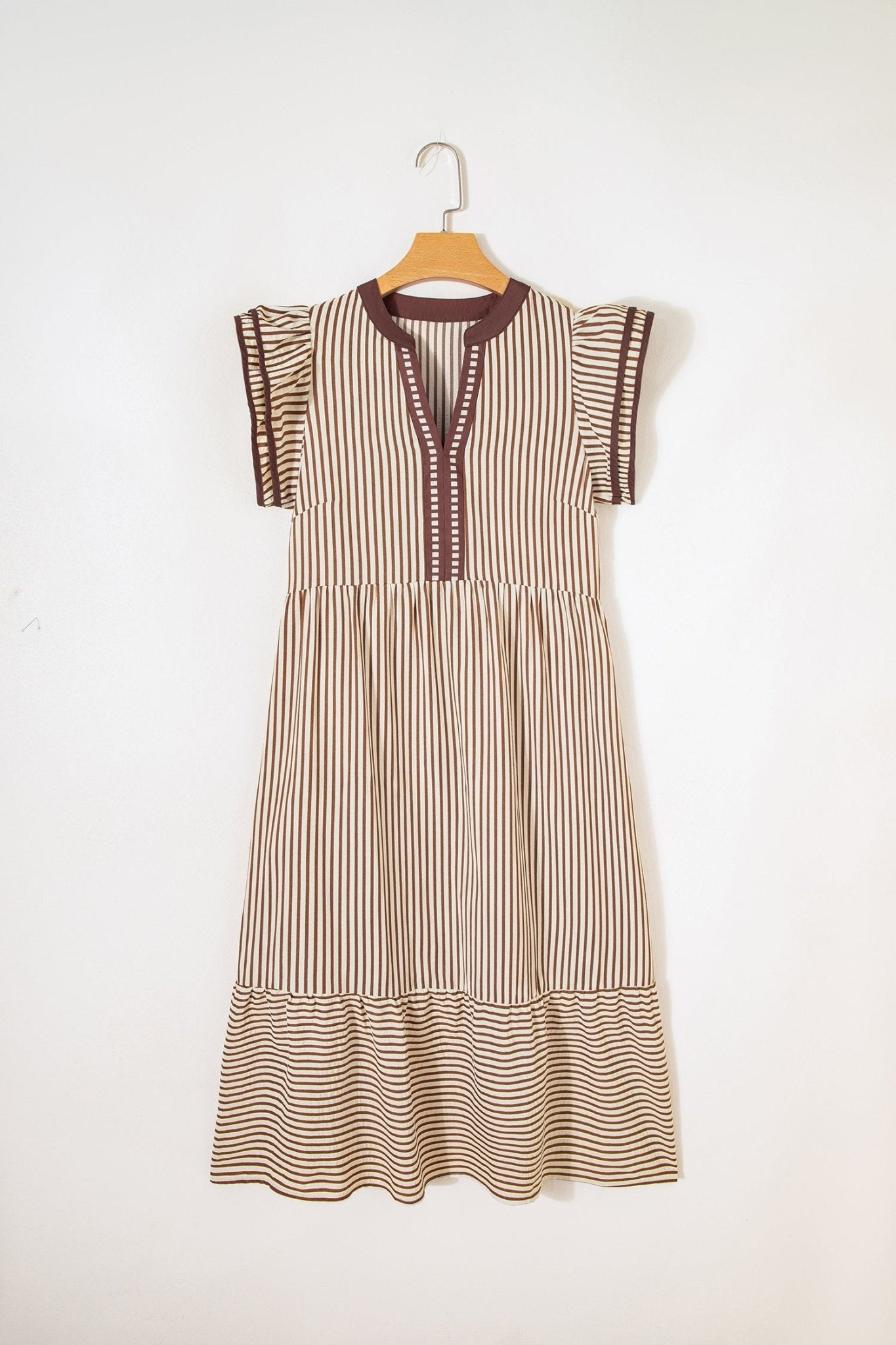 Stripe Ruffle Short Sleeve V-Neck Midi Dress - Rooted & Reckless Co.