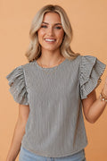 Stripe Ruffle Sleeve Round Neck Blouse - Rooted & Reckless Co.