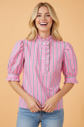 Stripe Ruffle Trim Half Button Puff Sleeve Blouse - Rooted & Reckless Co.