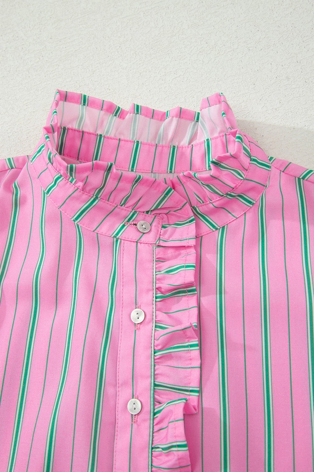 Stripe Ruffle Trim Half Button Puff Sleeve Blouse - Rooted & Reckless Co.