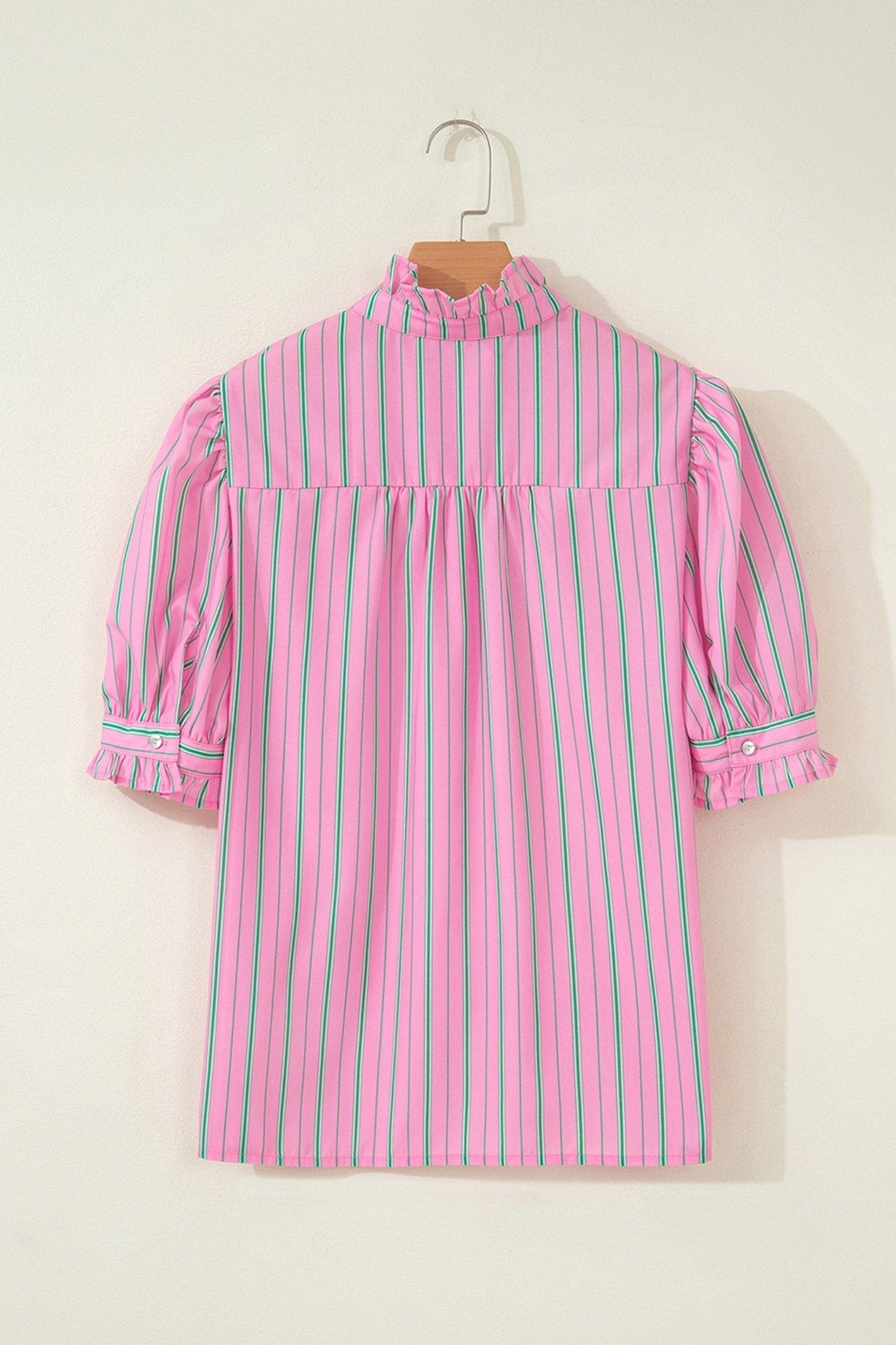 Stripe Ruffle Trim Half Button Puff Sleeve Blouse - Rooted & Reckless Co.
