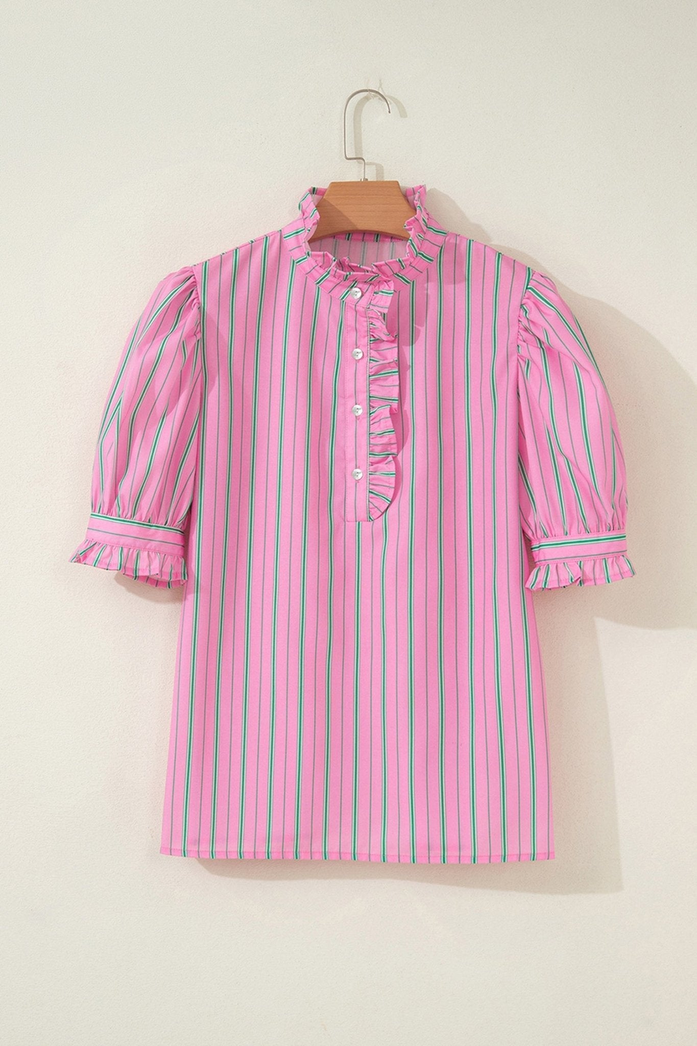 Stripe Ruffle Trim Half Button Puff Sleeve Blouse - Rooted & Reckless Co.