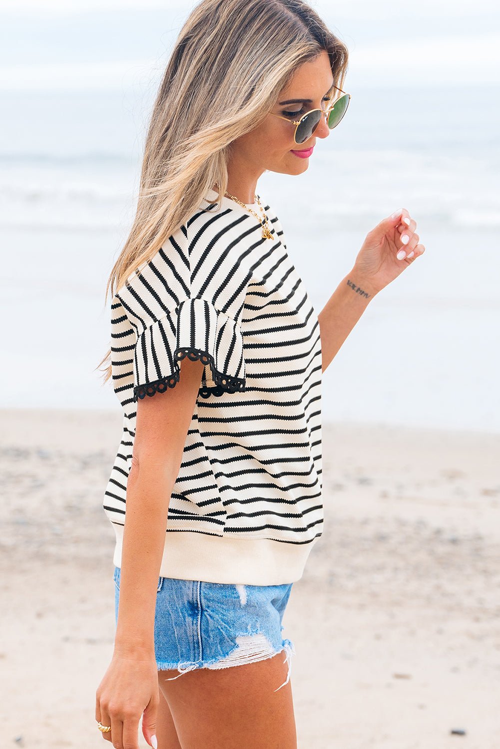 Stripe Scallop Lace Trim Ruffle Short Sleeve Top - Rooted & Reckless Co.