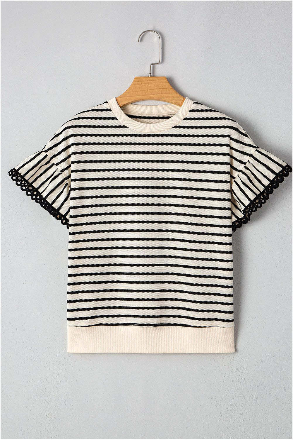 Stripe Scallop Lace Trim Ruffle Short Sleeve Top - Rooted & Reckless Co.