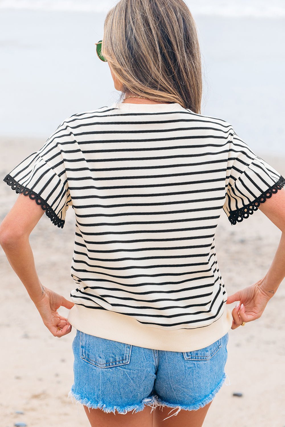 Stripe Scallop Lace Trim Ruffle Short Sleeve Top - Rooted & Reckless Co.