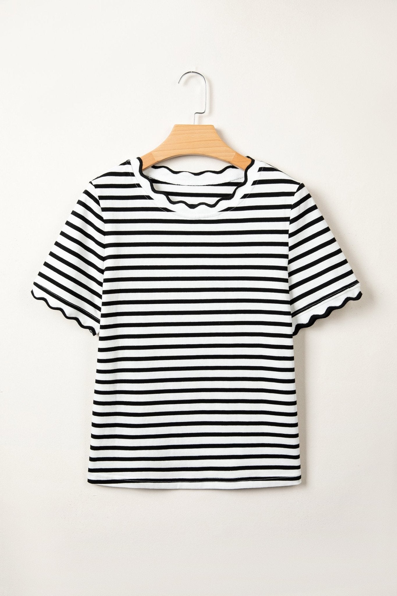 Stripe Scallop Trim Round Neck T-Shirt - Rooted & Reckless Co.