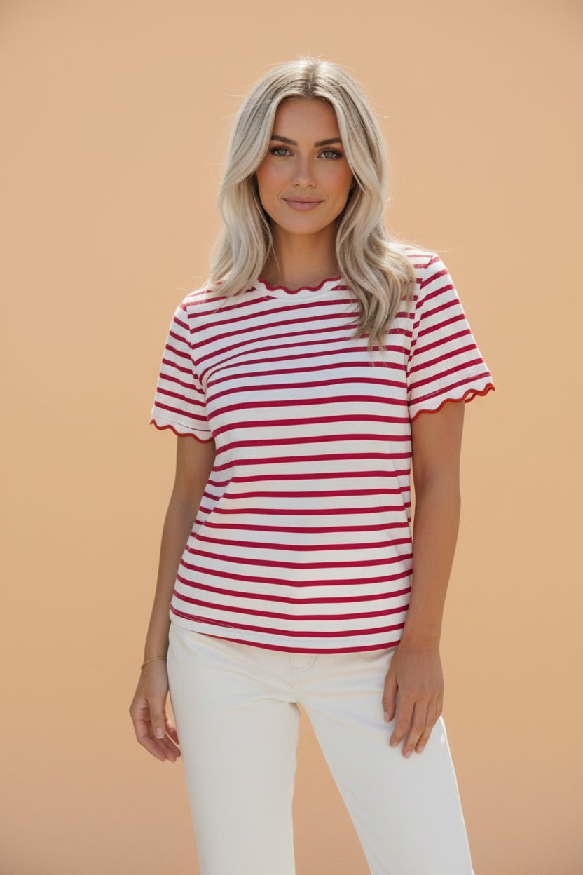 Stripe Scallop Trim Round Neck T-Shirt - Rooted & Reckless Co.