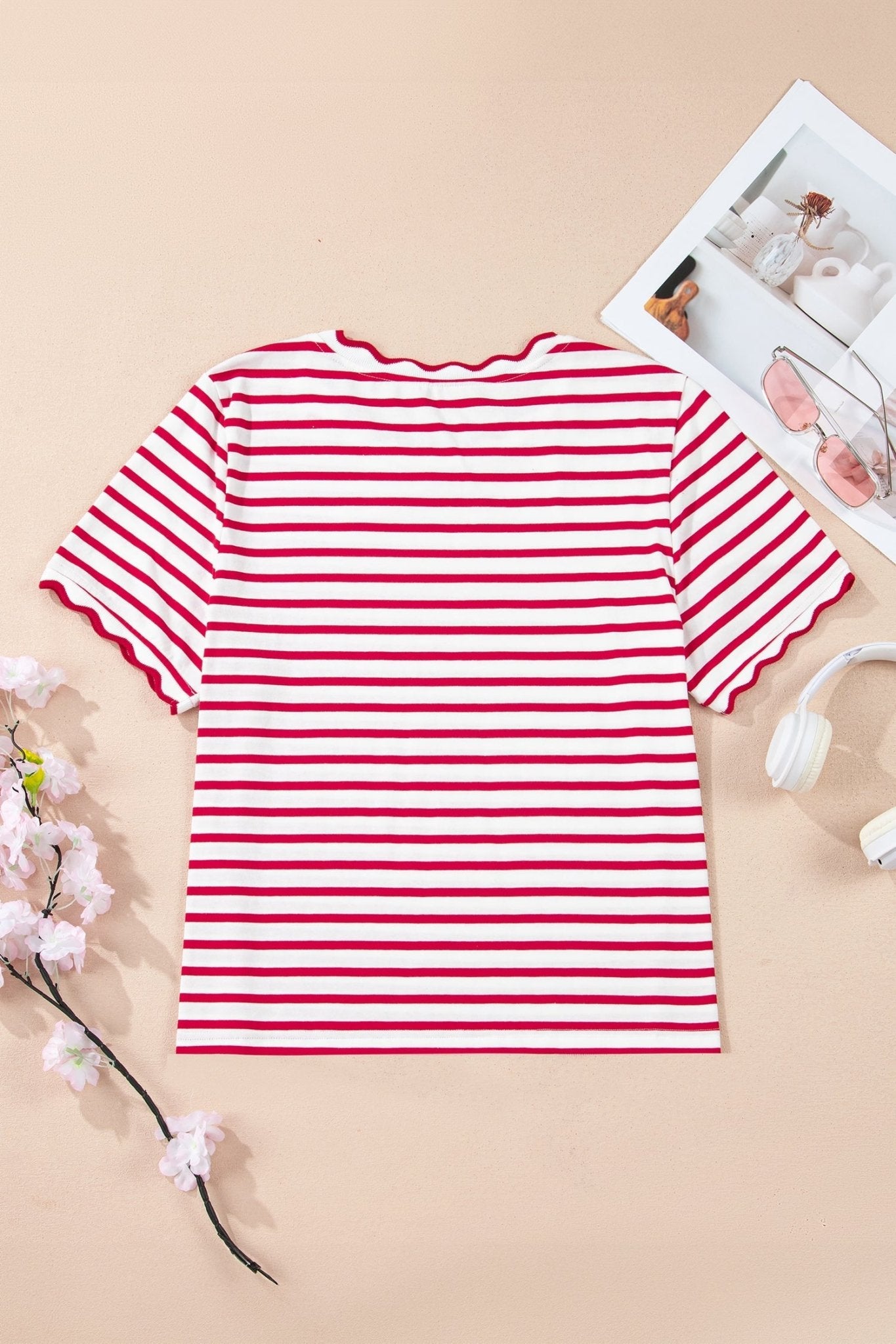 Stripe Scallop Trim Round Neck T-Shirt - Rooted & Reckless Co.