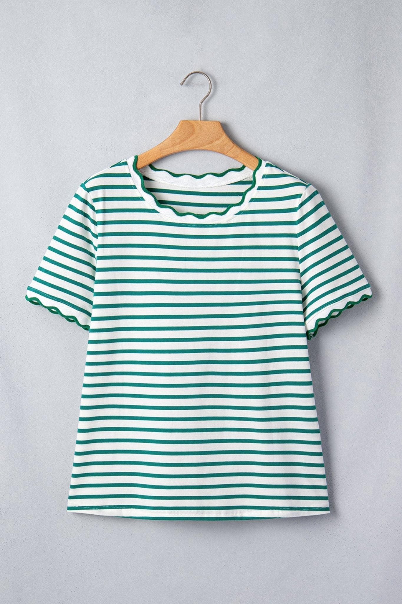 Stripe Scallop Trim Round Neck T-Shirt - Rooted & Reckless Co.