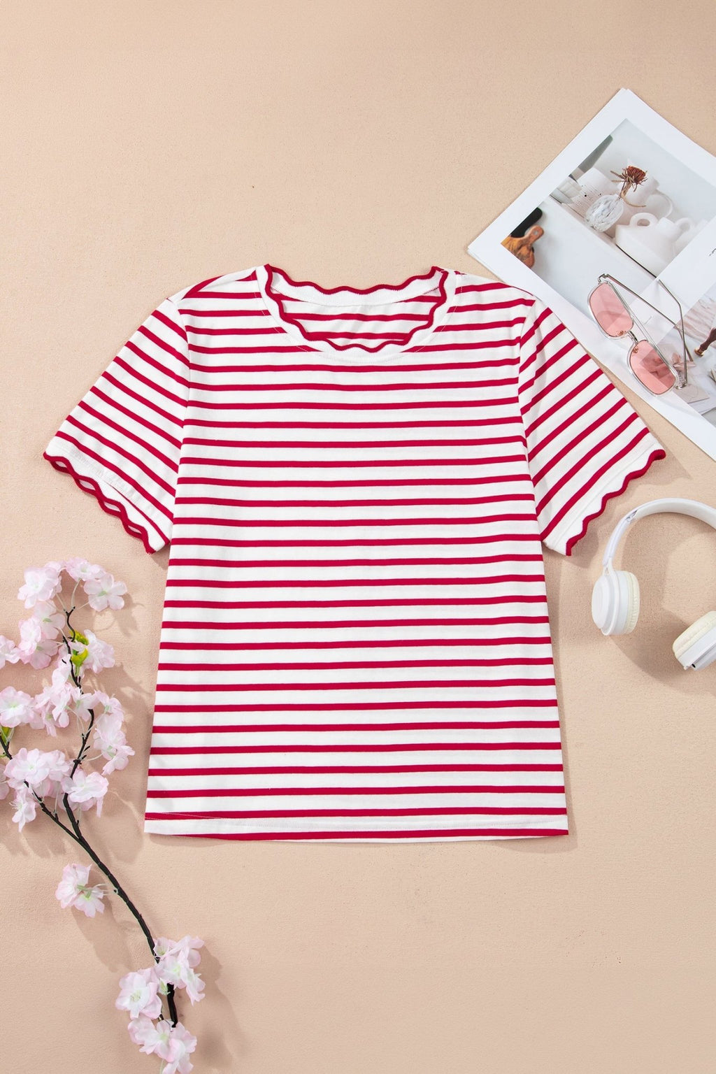 Stripe Scallop Trim Round Neck T-Shirt - Rooted & Reckless Co.
