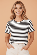 Stripe Scallop Trim Round Neck T-Shirt - Rooted & Reckless Co.
