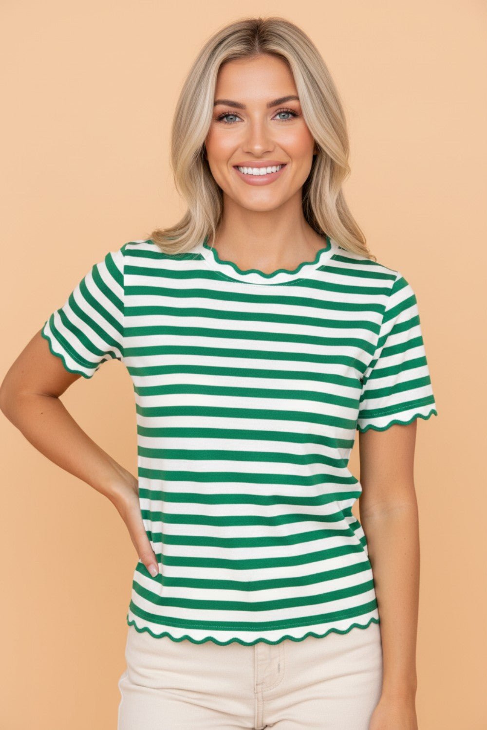 Stripe Scallop Trim Round Neck T-Shirt - Rooted & Reckless Co.