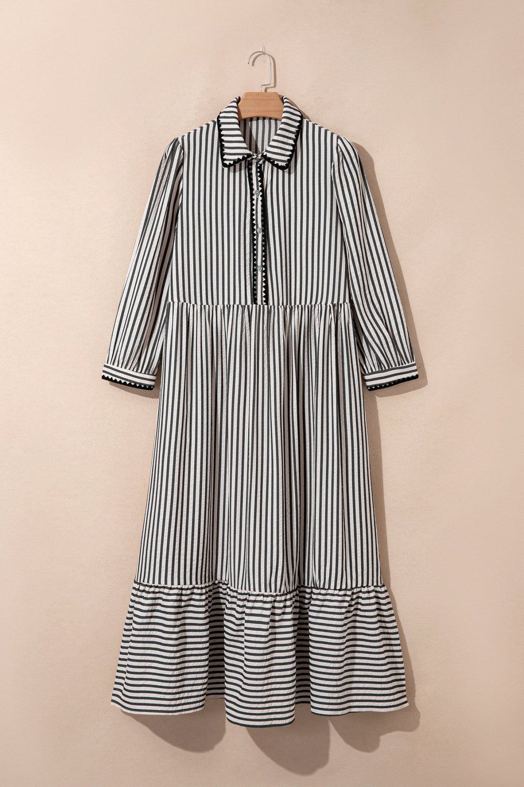 Stripe Scallop Trim Shirt Collar Maxi Dress - Rooted & Reckless Co.
