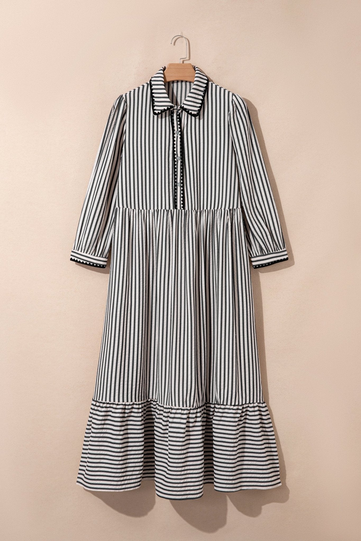 Stripe Scallop Trim Shirt Collar Maxi Dress - Rooted & Reckless Co.