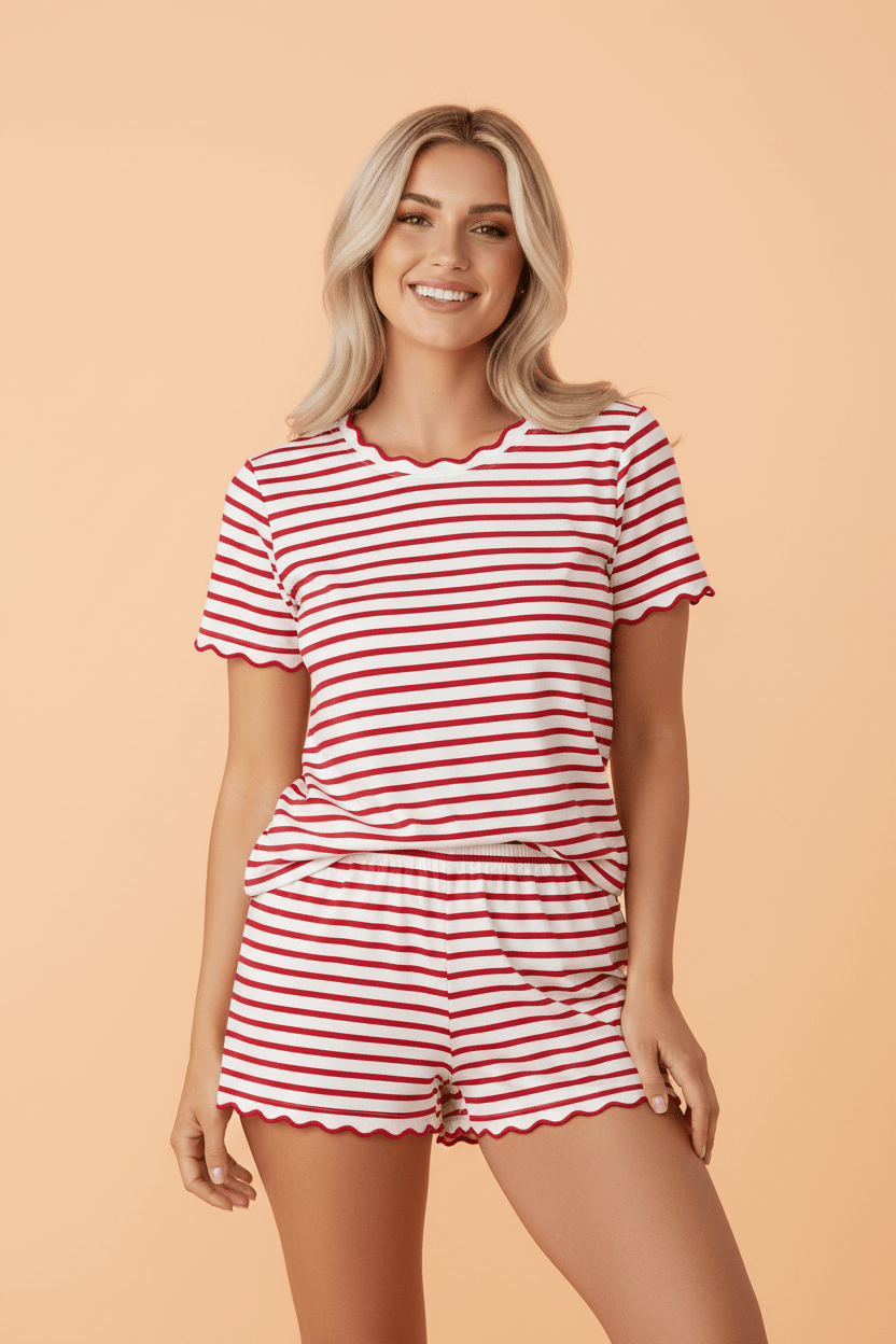 Stripe Scallop Trim Top & Elastic Waist Shorts Set - Rooted & Reckless Co.