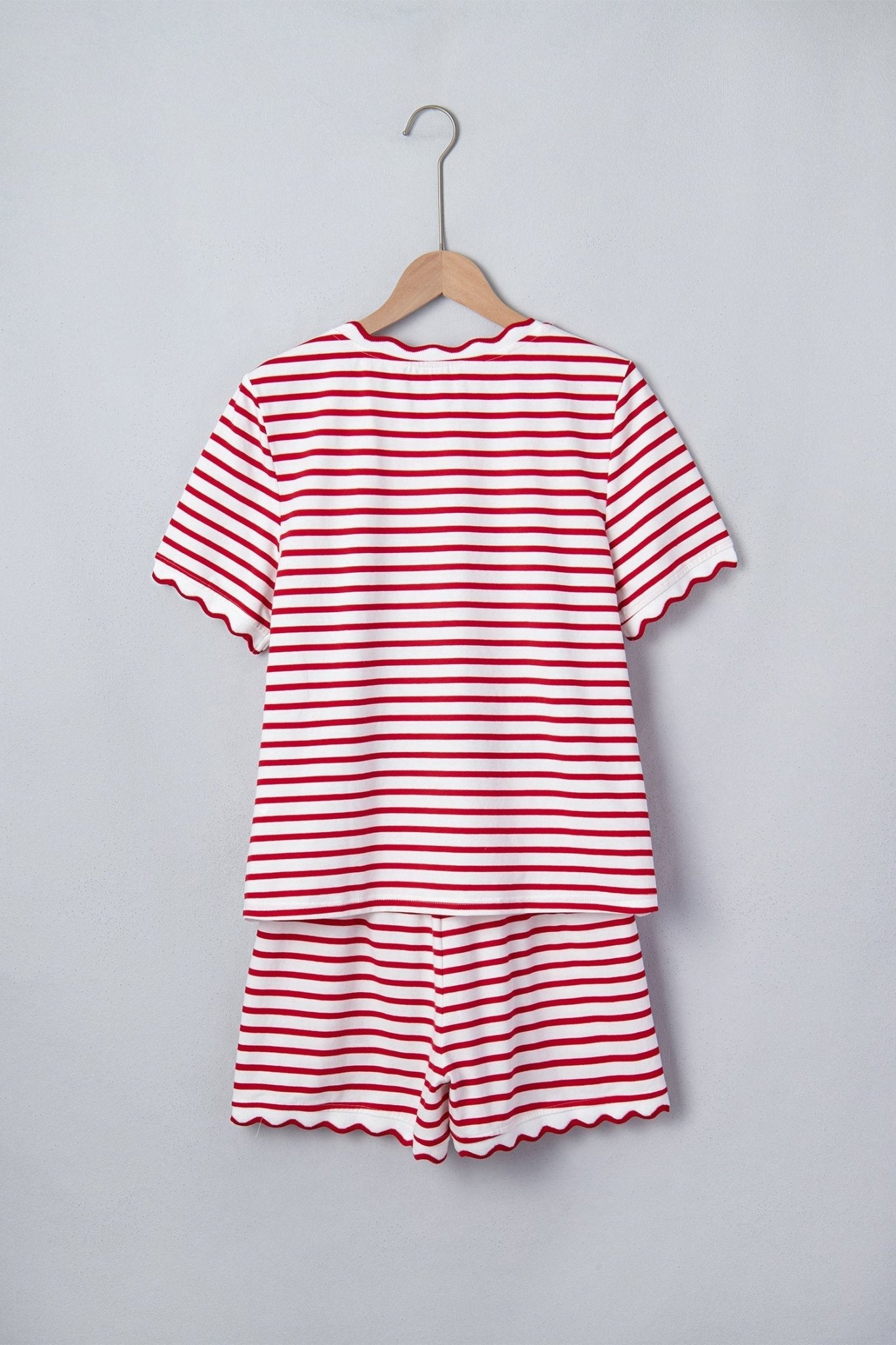 Stripe Scallop Trim Top & Elastic Waist Shorts Set - Rooted & Reckless Co.
