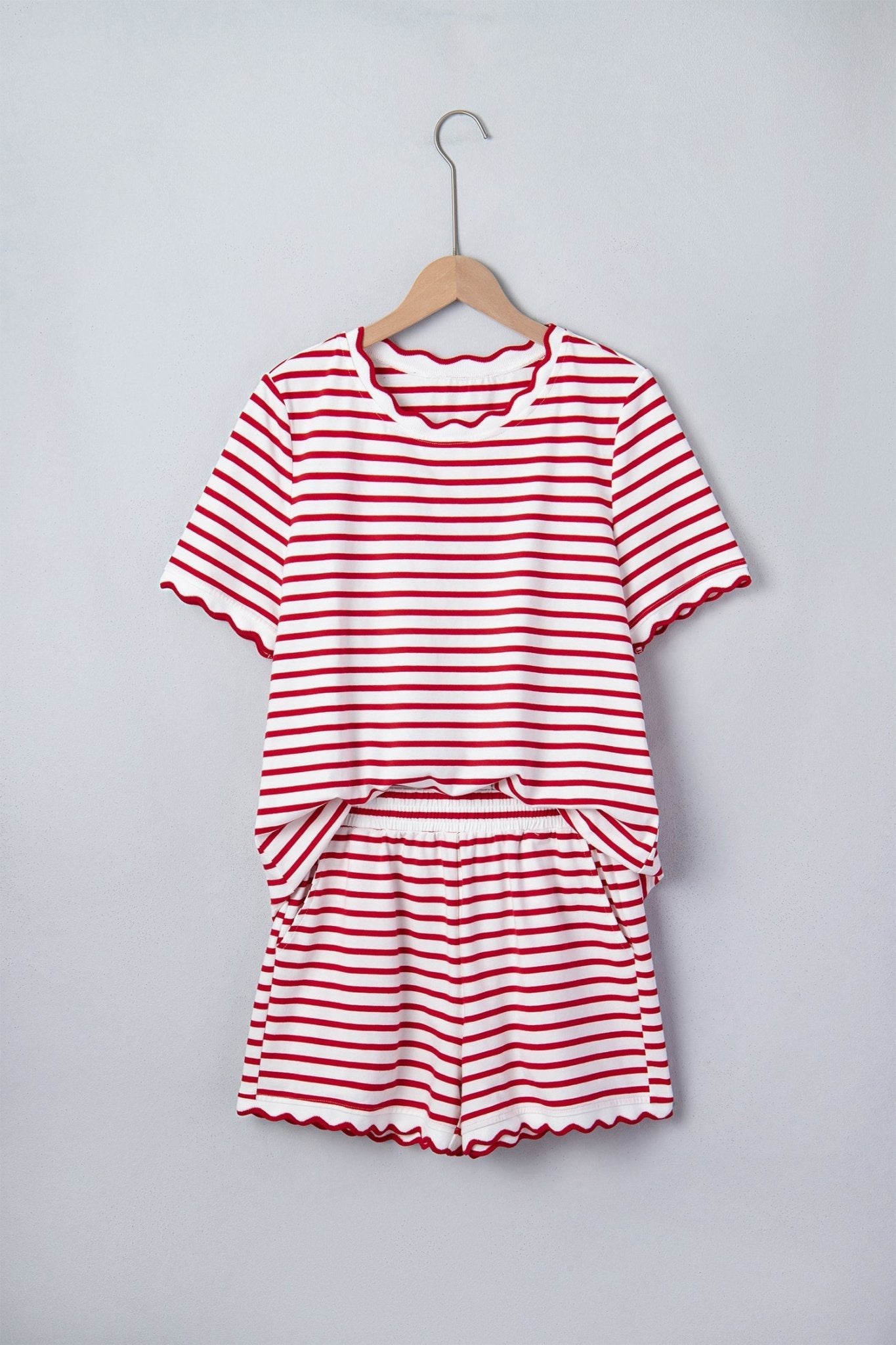 Stripe Scallop Trim Top & Elastic Waist Shorts Set - Rooted & Reckless Co.