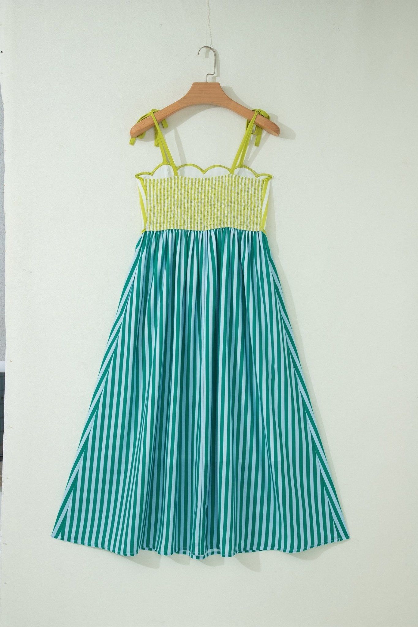 Stripe Scalloped Contrast Patchwork Knot Strap Midi Dress - Rooted & Reckless Co.