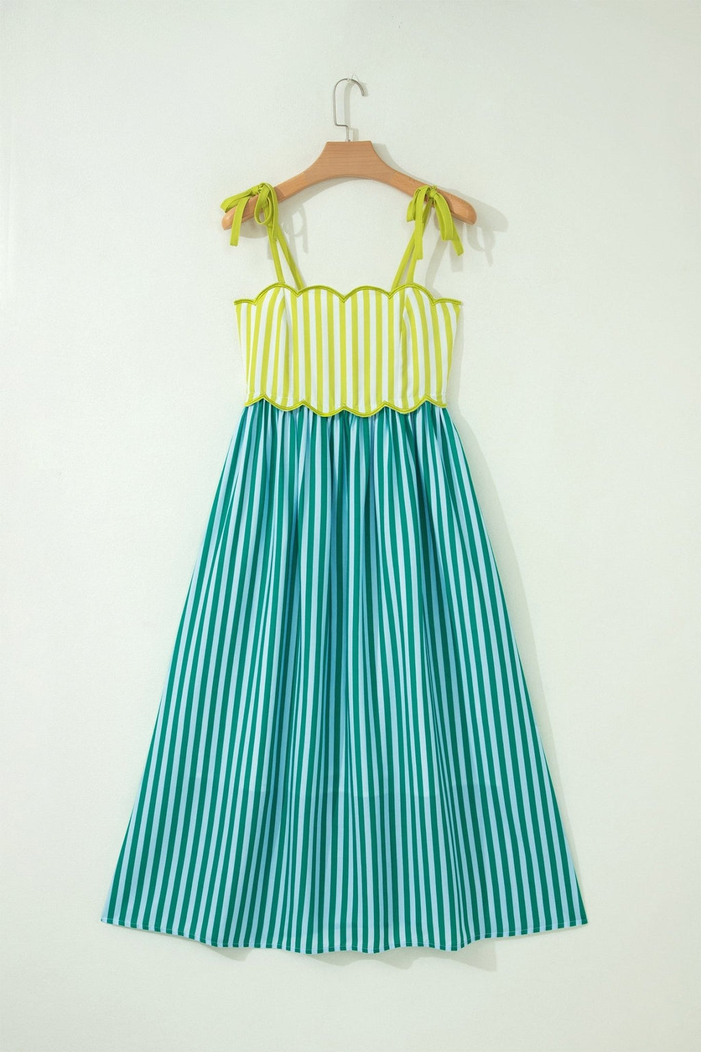 Stripe Scalloped Contrast Patchwork Knot Strap Midi Dress - Rooted & Reckless Co.