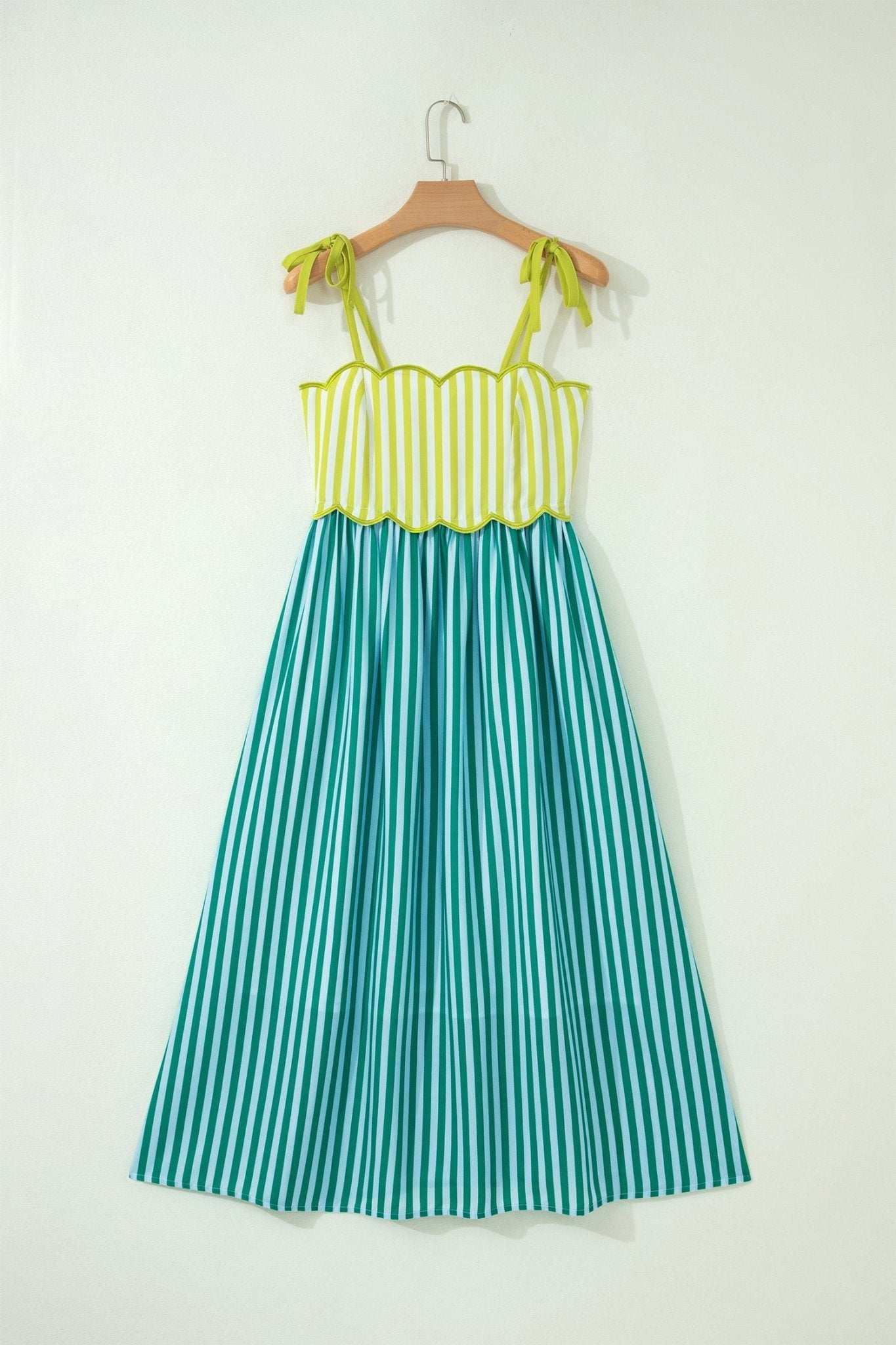 Stripe Scalloped Contrast Patchwork Knot Strap Midi Dress - Rooted & Reckless Co.