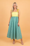 Stripe Scalloped Contrast Patchwork Knot Strap Midi Dress - Rooted & Reckless Co.
