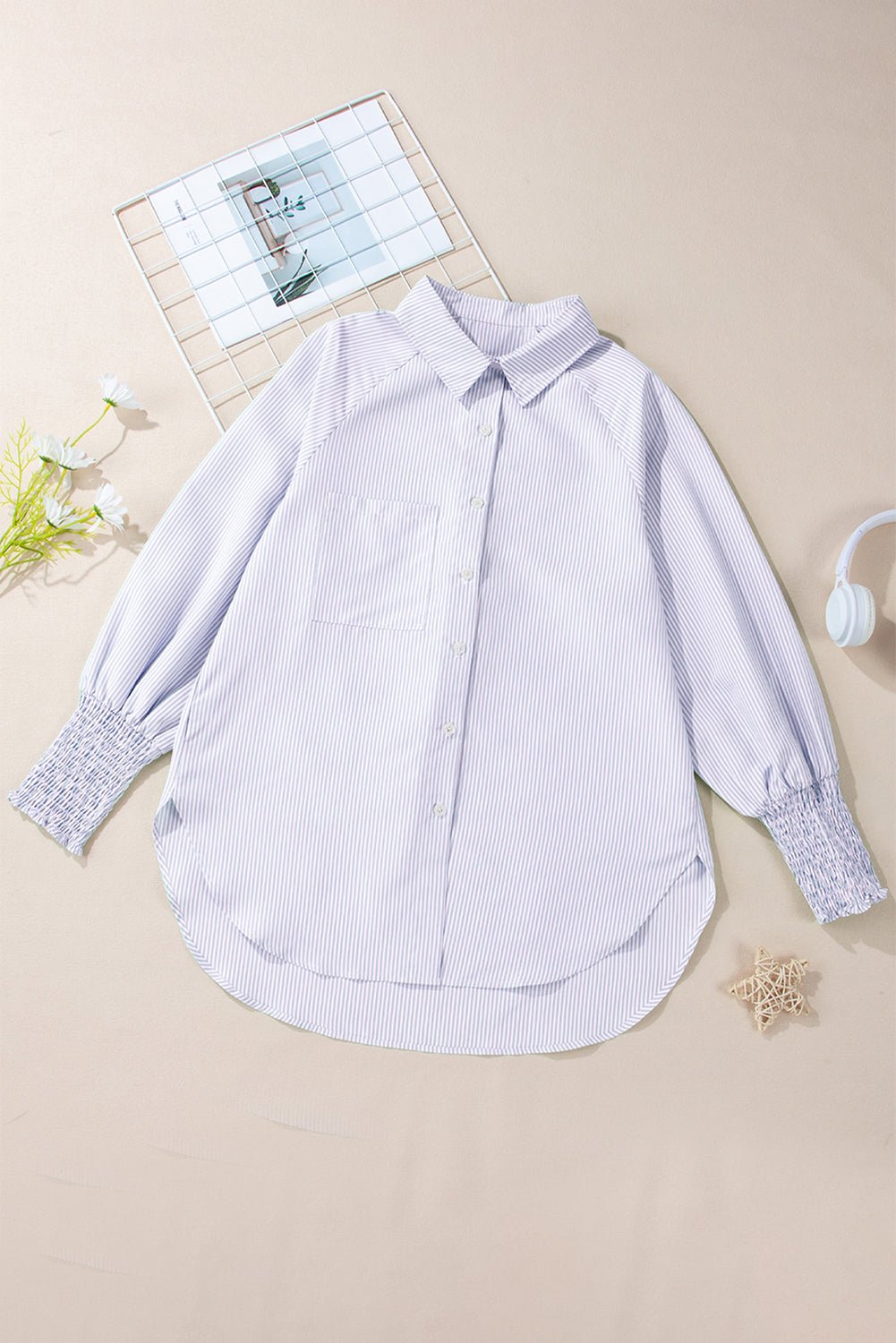 Stripe Shirred Cuff Button-Up Shirt - Rooted & Reckless Co.