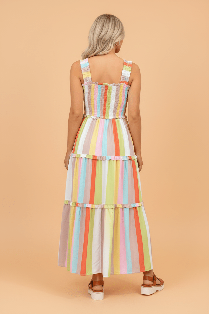 Stripe Shirred Ruffle Tiered Maxi Dress - Rooted & Reckless Co.