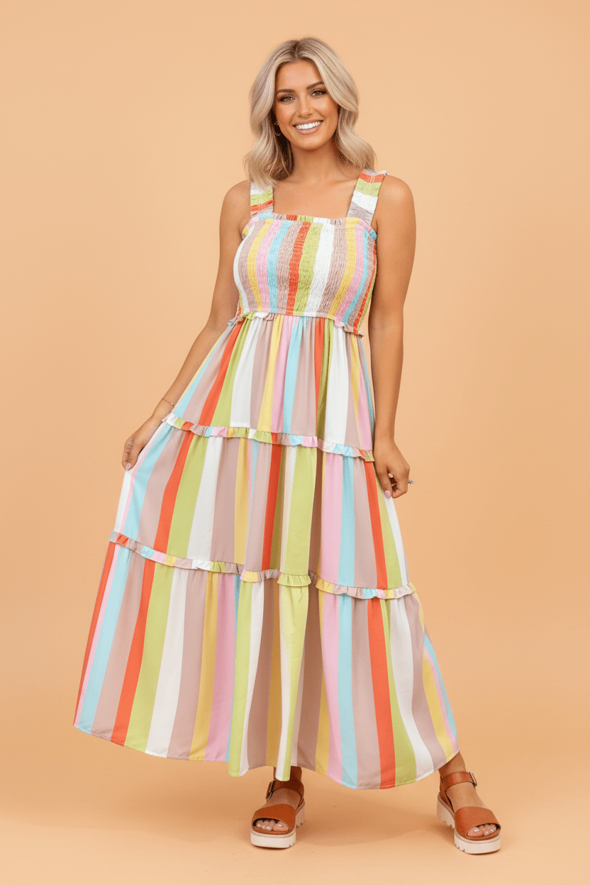 Stripe Shirred Ruffle Tiered Maxi Dress - Rooted & Reckless Co.
