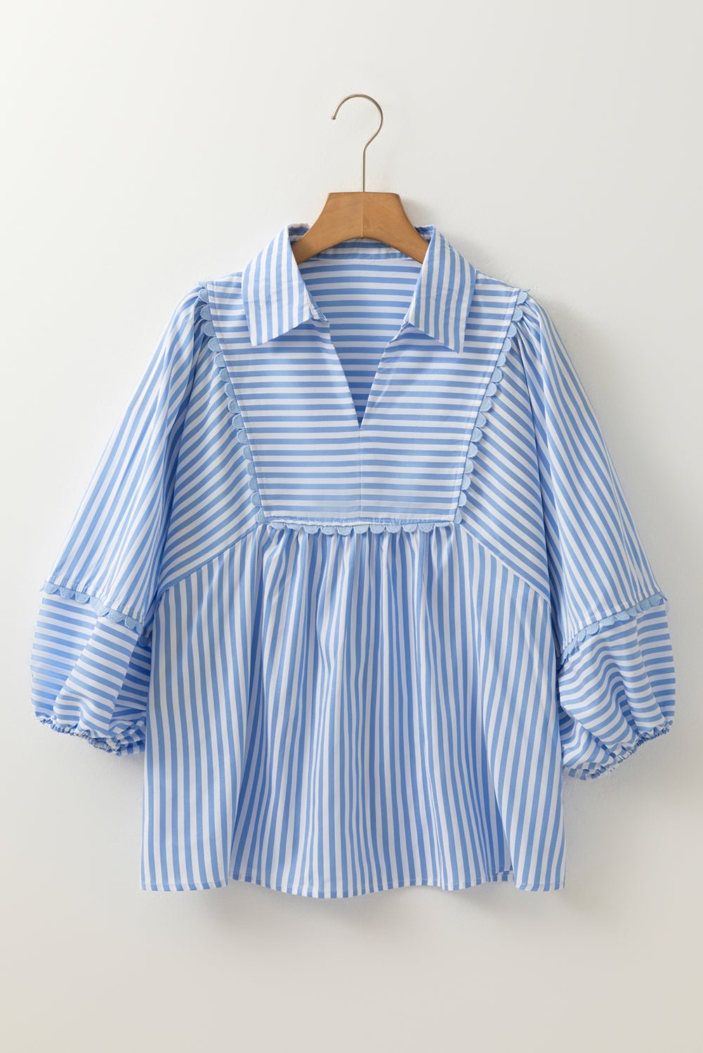 Stripe Shirt Collar V-Neck Ricrac Trim Blouse - Rooted & Reckless Co.
