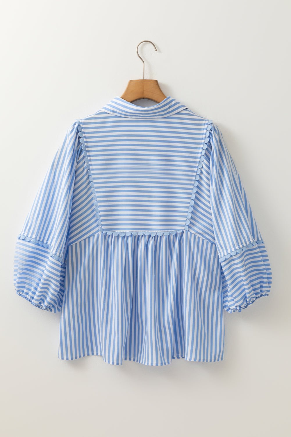 Stripe Shirt Collar V-Neck Ricrac Trim Blouse - Rooted & Reckless Co.