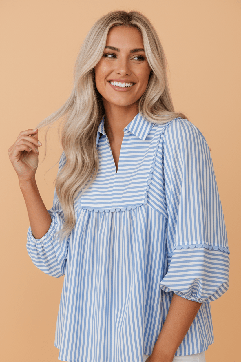 Stripe Shirt Collar V-Neck Ricrac Trim Blouse - Rooted & Reckless Co.