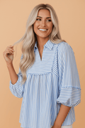 Stripe Shirt Collar V-Neck Ricrac Trim Blouse - Rooted & Reckless Co.