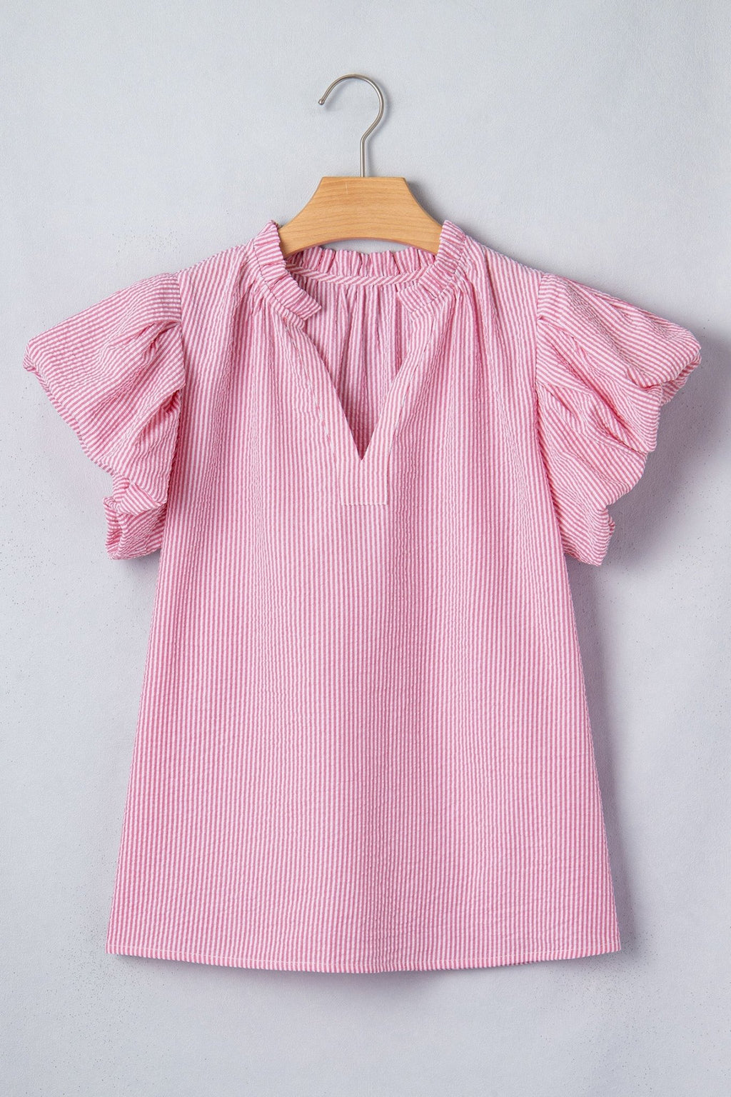 Stripe Short Bubble Sleeve Split V-Neck Blouse - Rooted & Reckless Co.