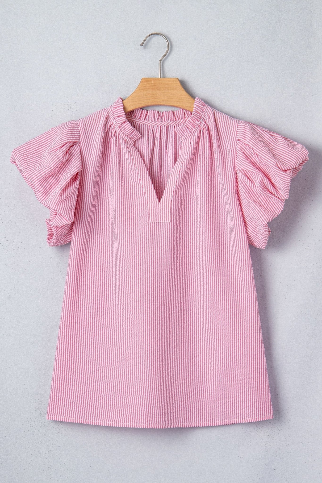 Stripe Short Bubble Sleeve Split V-Neck Blouse - Rooted & Reckless Co.