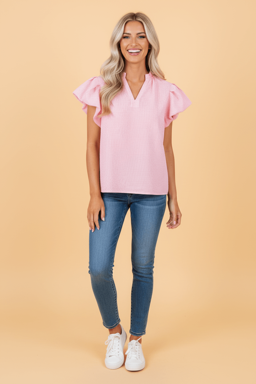 Stripe Short Bubble Sleeve Split V-Neck Blouse - Rooted & Reckless Co.