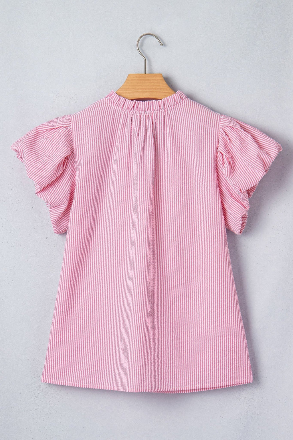 Stripe Short Bubble Sleeve Split V-Neck Blouse - Rooted & Reckless Co.
