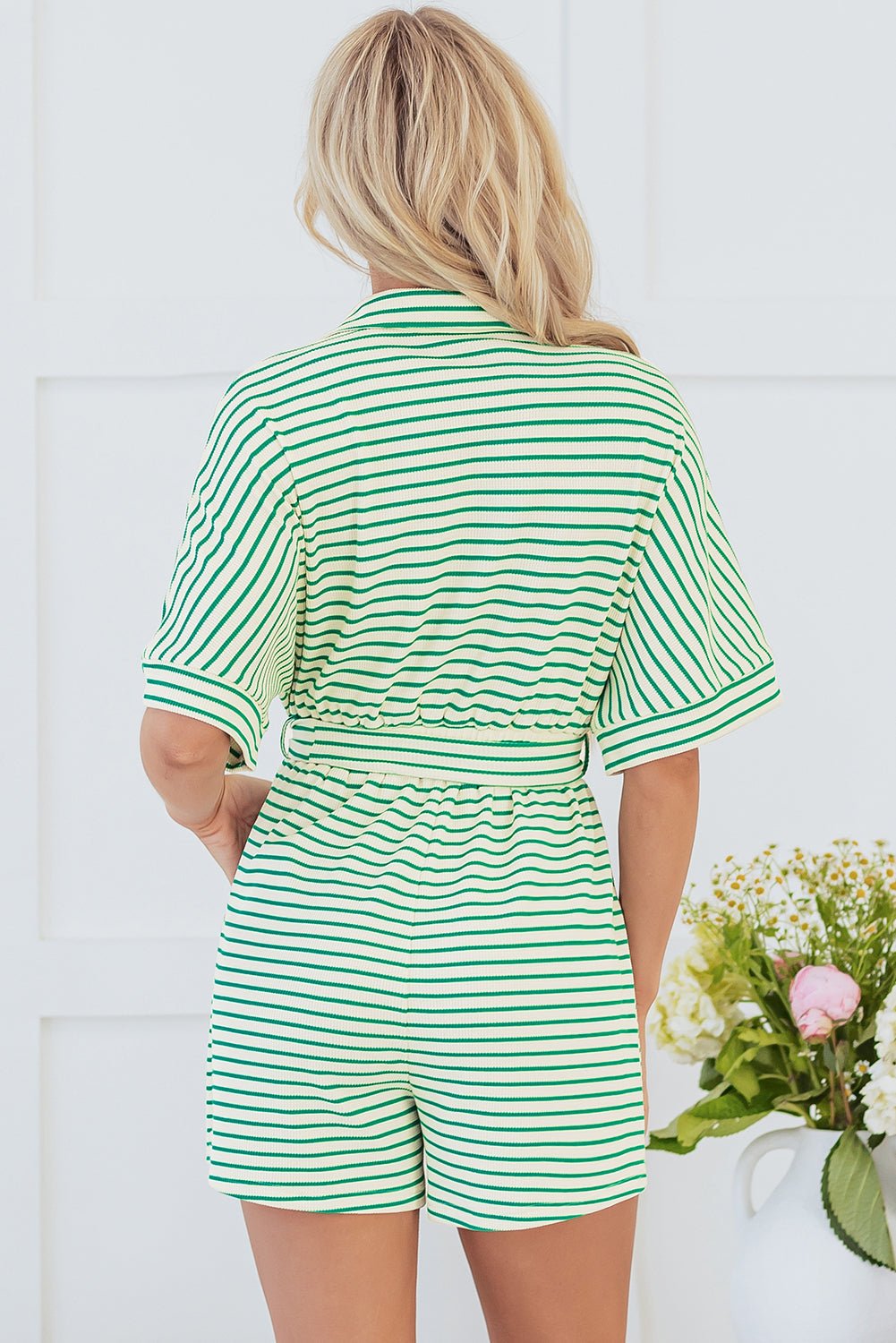 Stripe Short Sleeve Buttoned Collar Belted Romper - Rooted & Reckless Co.