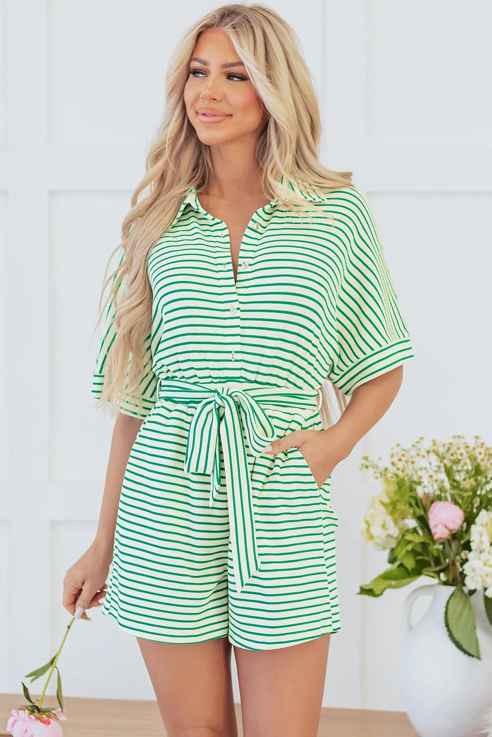 Stripe Short Sleeve Buttoned Collar Belted Romper - Rooted & Reckless Co.
