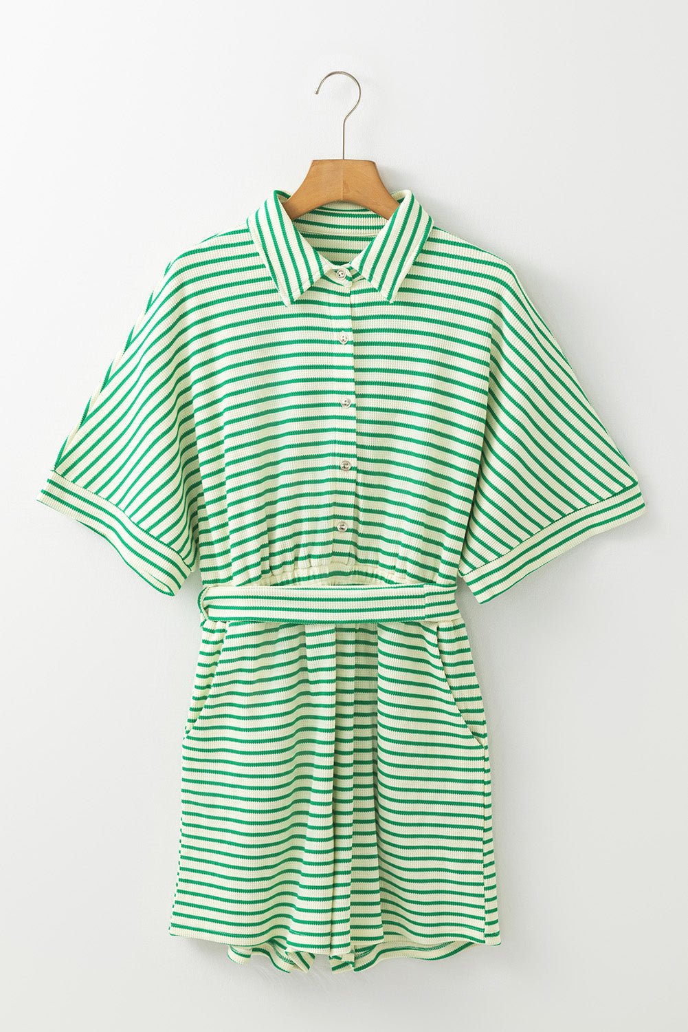 Stripe Short Sleeve Buttoned Collar Belted Romper - Rooted & Reckless Co.
